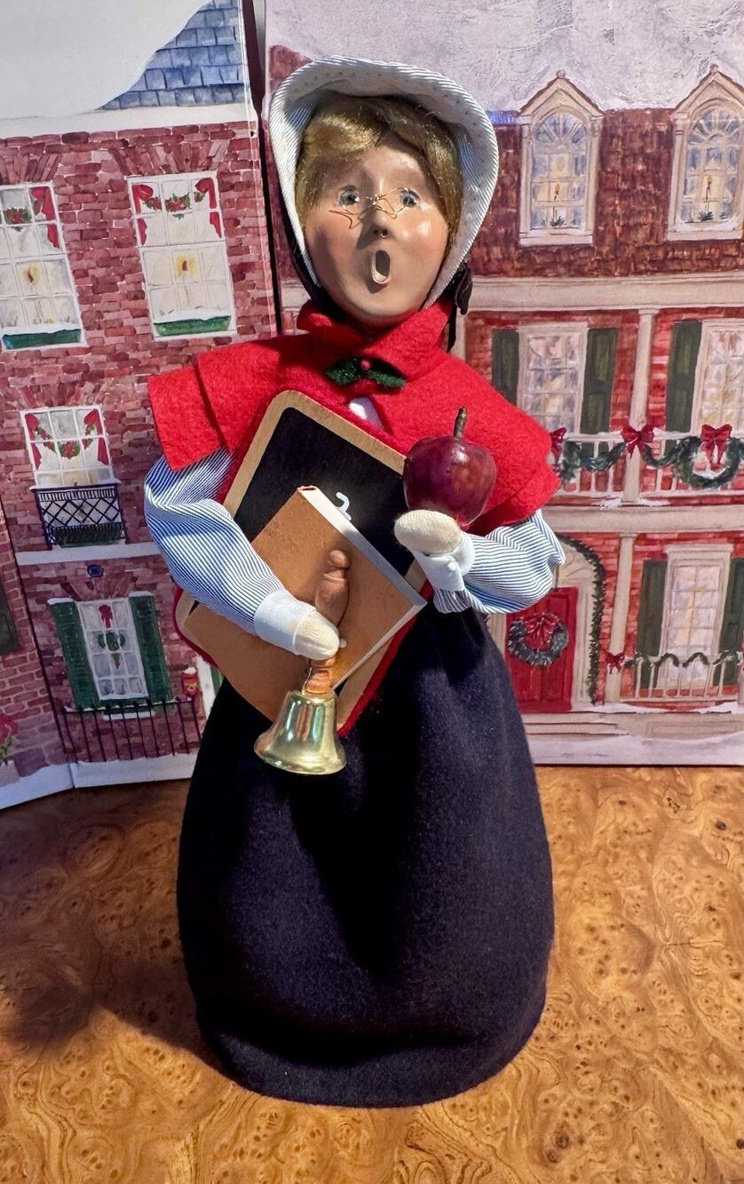 2001 Byers Choice Schoolmistress Teacher Signed Caroler Apple Bell Book Signed
